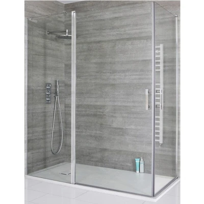 Image of Portland Chrome Corner Walk In Wet Room Double Hinged Door Shower Enclosure with White Slate Effect Tray and Fast Flow Waste 1400mm x 900mm