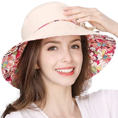 Image of Comhats Ladies Bucket Summer Sun Hat Foldable Beach Cap Wide Brim UPF50+ Packable for Women Beige