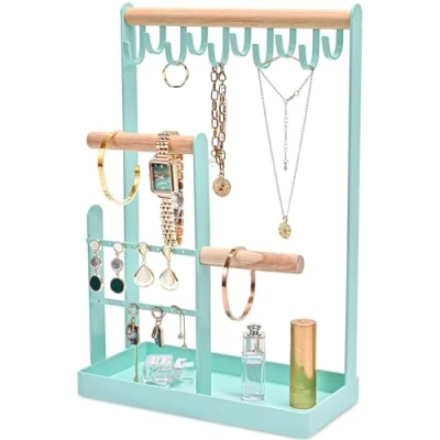 Image of ProCase Jewellery Organiser Stand Holder, 4 Tiers Jewelry Stands Necklace Organizer Earring 10 Hooks Tower Display Rack for Bracelets Watches Rings Gifts Women Aqua