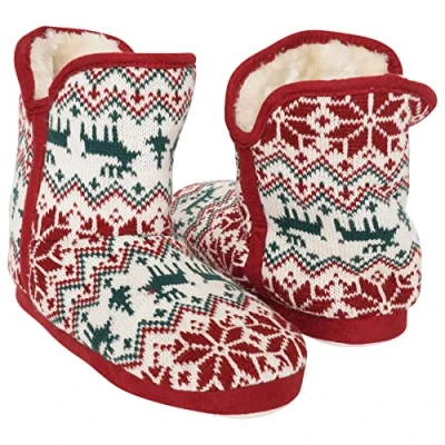 Image of Keanu Ladies Fairisle Slipper Boots Snuggle White Faux Fur Lined Bootie Slippers UK Sizes 3 4, 5 6, &amp; 7 8 (Red Fairisle, 6)