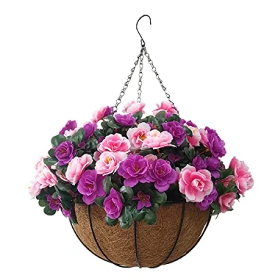 Image of Home Accessories Pink Purple Rhododendron DIY Artificial Flowers Azalea Fake Silk Cute Chain Hanging Basket Flower Pot Indoors And Outdoors (Big Basket)