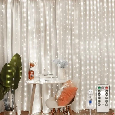 Image of Jsdoin Curtain Fairy Lights, 3.6m x 3m 360leds USB Operated 8 Modes String Light Indoor Outdoor Waterproof Hanging Window Lights with Hooks for Christmas, Wedding, Party,Wall, Home Decorations