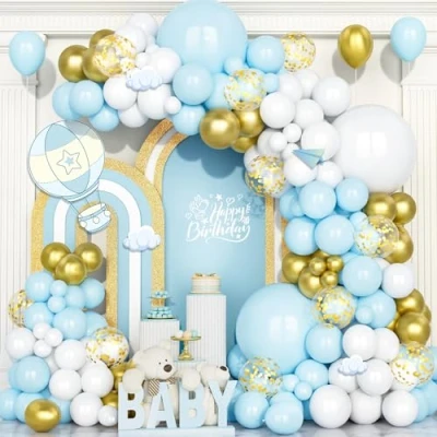 Image of Teselife Blue White Balloon, 123 PCS Pastel Balloon Garland Arch Kit Latex Metallic Gold Confetti Balloons for Boys Birthday Baby Shower Wedding Graduation Christening Hen Party Decorations