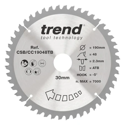 Image of Trend Wood Cordless Mitre Saw Blade, 190mm Diameter, 30mm Bore, 48 Teeth, 2.3mm Kerf, 5 Hook, TCT, Fine Finish, CSB/CC19048TB