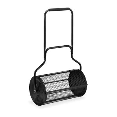 Image of Relaxdays Compost Spreader for Lawns, Mesh Basket 65 L, Garden Peat Roller with Handle, HWD: 117x74x36 cm, Black, Steel, Foam