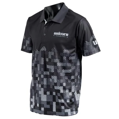 Image of Unicorn Darts Shirt Pro Tech Digital Cool Breathable Soft Feel Micro Mesh 3 Tuk Polyester Black &amp; White with Text to Chest and Logo Left Sleeve Medium fit 39 41 inches
