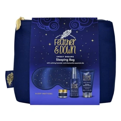 Image of Feather &amp; Down Sleeping Bag Gift Set (luxury eye mask, sleep balm, pillow spray and shower cream) with calming lavender chamomile essential oils. Vegan Friendly Cruelty Free.