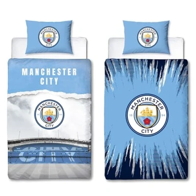 Image of Character World Manchester City FC Official Single Duvet Cover Set Blue Reversible 2 Sided Football Stadium Bedding Merchandise Including Matching Pillow Case