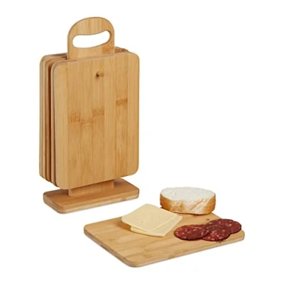 Image of Relaxdays Chopping Boards with Stand, Set of 6, Cutting Mats, 22 x 16 cm, Bamboo, Kitchen Food Preparation, Natural, 32.5 7 cm