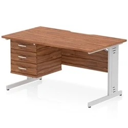 Image of Impulse 1400 x 800mm Scalloped Edge Office Desk Walnut Top Silver Cable Managed Leg Workstation 1 3 Drawer Fixed Pedestal
