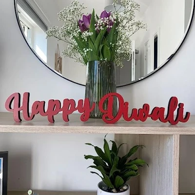 Image of Luck and Wooden Happy Diwali Sign Decoration, Hinduism Jainism Sikhism Celebration Table Sign, Keepsake Decorations, Party