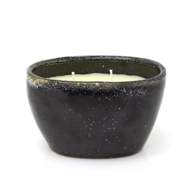 Image of 2 wick Vanilla Scented Candle in Black Ceramic Jar Ivory Wax Aromatherapy Stoneware Holder with Fragrance Aroma Gift