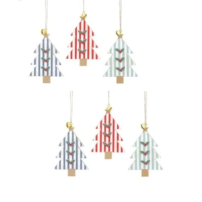 Image of Gisela Graham Wooden Christmas Tree with Holly Decoration set of 6