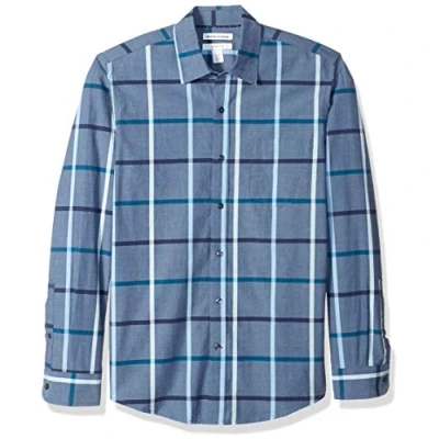 Image of Amazon Essentials Men&#039;s Slim Fit Long Sleeve Poplin Shirt, Denim Large Plaid, S
