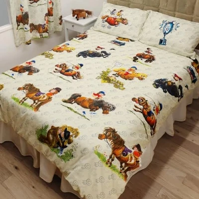 Image of thelwell Single Bed Antics Duvet Cover Bedding Set, Cartoon Horses Pony Rider Ribbon Medal Trophy, Cream Beige Brown