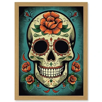 Image of Artery8 Day of Dead Skull Old School USA Tattoo Ink Body Rockabilly Americana 50s Artwork Framed Wall Art Print A4