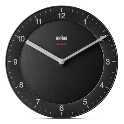 Image of Braun Classic Radio Controlled Wall Clock For Central European Time Zone (DCF/GMT+1) with Quiet Movement, Easy To Read, 20cm Diameter in Black, model BC06B DCF.