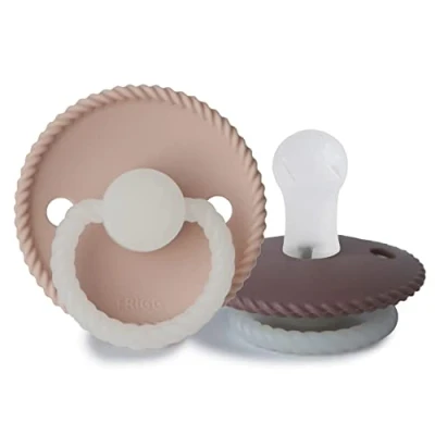 Image of FRIGG Rope Night Silicone Pacifier Pack of 2 Soother Dummy Glow BPA Free Made in Denmark Symmetrical Cherry Shaped Nipple (Twilight Mauve Night/Blush (0 6 Months))