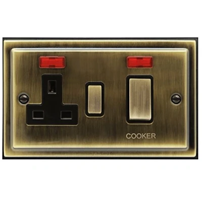 Image of Brush Antique Brass 45A Cooker Control Switch Unit with 13amp Socket Neon Indicators BE331 KME