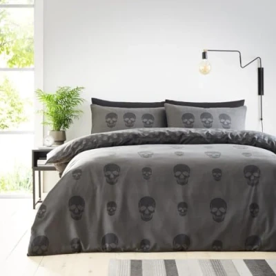 Image of GC GAVENO CAVAILIA Single Duvet Cover Sets (135x200 cm) Skull Bedding &amp; Linen Reversible Quilt Covers Polycotton Washable Charcoal