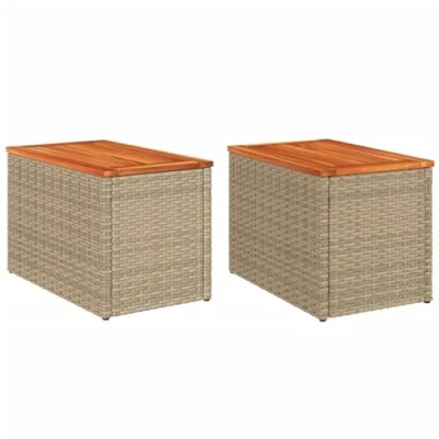Image of vidaXL Garden Side Tables Set of 2 Durable Poly Rattan Outdoor Furniture with Solid Acacia Wood Tabletop and Powder Coated Steel Frame Beige