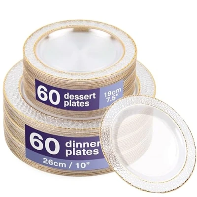 Image of MATANA 120 Premium Reusable Plastic Plates with Hammered Gold Rim 60 Dinner Plates, Side Hard Party for Weddings, Birthdays, Garden, Parties