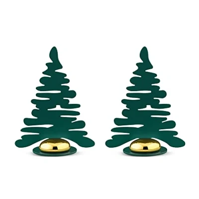 Image of Alessi Barkplace Tree BM16S2 GR Set of Two Placecards with The Shape a Christmas Tree, in Colored Steel Epoxy Resin, Green Porcelain Magnet