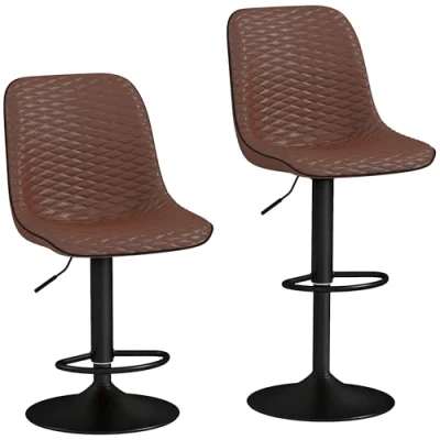 Image of HOMCOM Breakfast Bar Stools Set of 2, Height Adjustable Kitchen Counter Chairs, Swivel Leather Upholstered Barstools with Back, Footrest and Metal Base, Brown