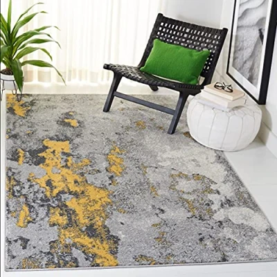 Image of SAFAVIEH Modern Abstract Distressed Rug for Living Room, Dining Bedroom Adirondack Collection, Short Pile, in Grey and Yellow, 122 X 183 cm