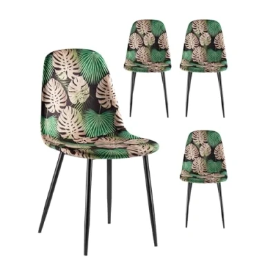 Image of VonHaus Dining Chairs Set of 4 Tropical Palm Leaf Print Kitchen with Black Metal Legs Upholstered Cord Effect for &amp; Dinner Table Leighton