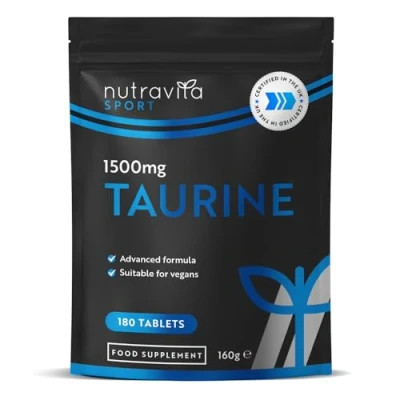 Image of Taurine Supplement 1500mg 180 High Strength Tablets Vegan Amino Acids Nutritional Supplements Powder Alternative Sports for Men &amp; Women Made in The UK Nutravita
