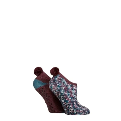 Image of Elle Women&#039;s Cosy Slipper Socks Mary Jane, Pom Poms, Anti Slip Grips, Warm,Winter, Colourful, Bright, Size 4 8 Multipack of 2 Blue Coral