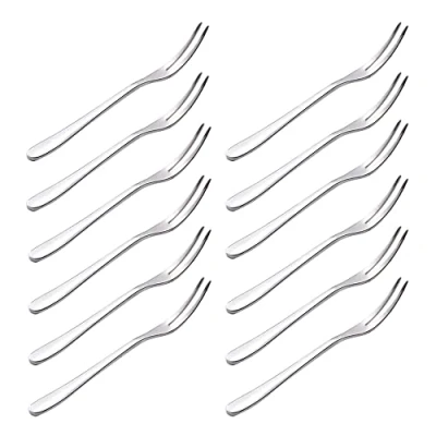 Image of SENZEAL Fruit Forks Mini 410 Stainless Steel Appetizer Dessert Fork Two Prong 12cm for Cocktail Cake Salad Escargot Oyster Shellfish Crab Set of 12