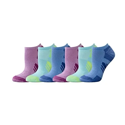 Image of Amazon Essentials Women&#039;s Performance Cotton Cushioned Ankle Athletic No Show Socks, 6 Pairs, Multicolour/Solid/Stripes, 10