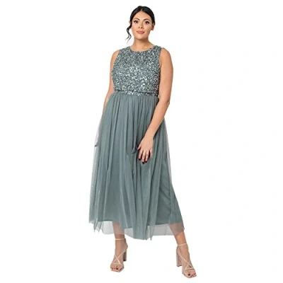 Image of Maya Deluxe Women&#039;s Midaxi Dress Ladies Sleeveless Sequins High Empire Waist Tulle Embellished for Wedding Guest Ball Bridesmaid, Misty Green, 16