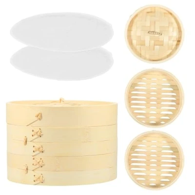 Image of Grusce Bamboo Steamer Basket, 2 Layer Steaming Basket with Lid and Cloth, Reusable Dumpling for Rice Veggie Cooking(20cm)
