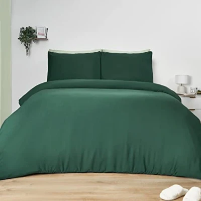 Image of Brentfords Plain Dye Duvet Cover Quilt Pillowcase Microfiber Bedding Set Forest Green, Single