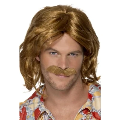 Image of Smiffys 70s Super Trouper Wig &amp; Moustache, Brown Mid Length, 1970&#039;s Disco Fancy Dress, 1970s Dress Up Wigs