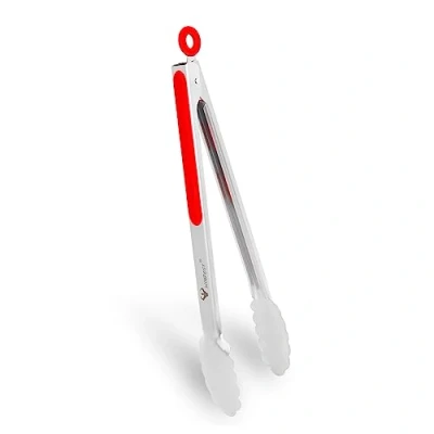 Image of WINPOST Stainless Steel Kitchen Tongs 34cm,Stainless and Non Slip Heat Resistant Handle Great for Cooking, Salad, Grilling Barbecue (34cm, Red)