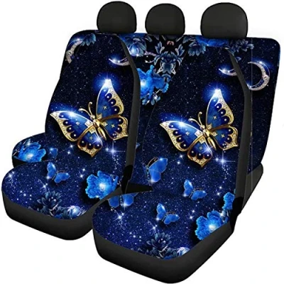 Image of Jeiento Blue Butterfly Print Seat Cover for Women, Front Drive with Back Protective Interior Car Accessiores, Pack of 4