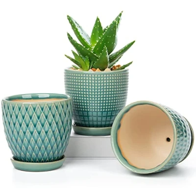 Image of Oairse 3PCS Plant Pots Indoor Ceramic Flower Round Garden Planters with Saucer Tray + Drainage Holes, Succulent Pot/Cactus Pot, 11CM