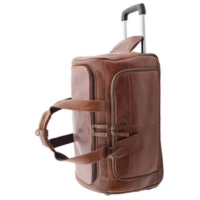 Image of Real Leather Wheeled Holdall Weekend Overnight Travel Duffle Combrew Brown