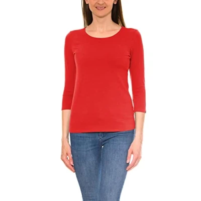 Image of Alkato Women&#039;s 3/4 Sleeve Shirt with Round Neck, Red, 3XL