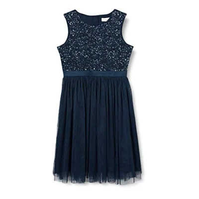 Image of Maya Deluxe Girl&#039;s Midi Dress Sequins Embellished Party Tutu Bridesmaids Wedding with Belt Bow, Navy, 9 Years