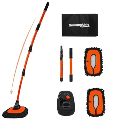 Image of YeewayVeh 57&quot; Car Wash Brush Mop with Long Handle, Extendable Curved Cleaning Extra Microfiber Head, Soft Kit Storage Bag for Truck SUV Cleaning, Orange
