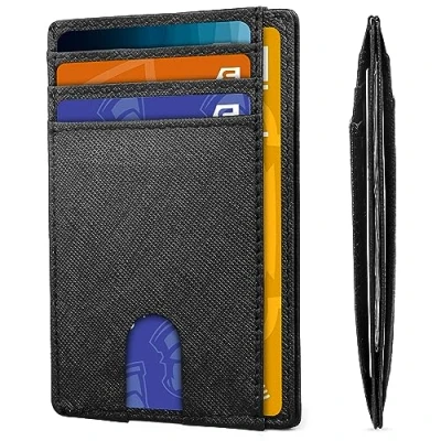 Image of AMEHA Wallets for Men UK RFID Blocking Genuine Leather Mens Minimalist Credit Card Holder Holds up to 7 Cards with Cash Compartment (Cross Black)