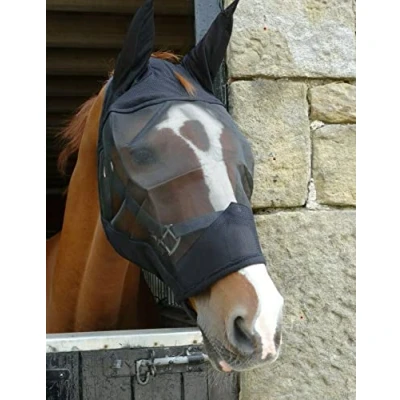 Image of Black or White Padded Mesh Fly Mask Hood with Ears Horse and Pony Size (X Full, Black)