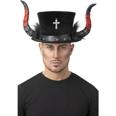 Image of Smiffys Deluxe Devil Top Hat with Horns &amp; Marabou, Halloween Fancy Dress Accessory, Up Hats