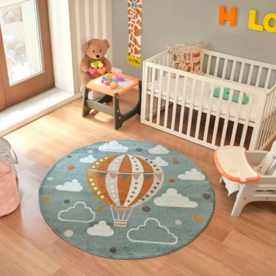 Image of Livabliss Hot Air Balloon Kids Rug Round Childrens for Bedroom 160 cm, Carpet Girls &amp; Boys Rug, Playroom and Nursery Rugs Baby Girl or Boy Room, Teal Orange