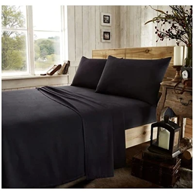 Image of GC GAVENO CAVAILIA Brushed Cotton Bed Sheets, Flannelette Fitted Sheet With Pillowcases, Plain Flat Double, Black